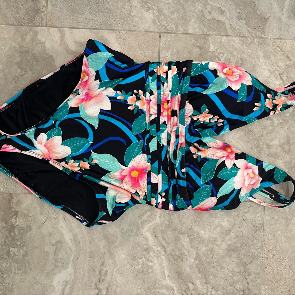 La Blanca Black and Pink Floral One Piece Swimsuit